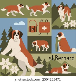 Saint Bernard dog working as a rescue dog in the mountains. flat vector illustration.