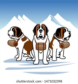 Saint Bernard - Dogs. Alpine rescue service flat vector illustration. Brave mountain rescuers.