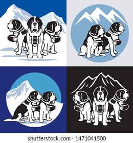 Saint Bernard - Dogs. Alpine rescue service vector illustration. Brave mountain rescuers.