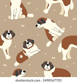 Saint Bernard seamless pattern on brown background vector illustration. Fluffy big dog cartoon style