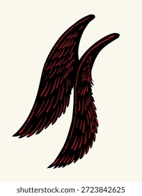 Heiliger großer langer 2 weich fliegender männlicher Seraph Cherub Fee mythischer Mann Held heller Himmel. Dunkelschwarze Umriss handgezeichnet alte Krähe Frau Form Retro Mythos Zeichen Symbol Linie Gott Glaube Doodle Kunst Cartoon Stil Design
