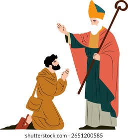 Saint Blessing Kneeling Monk Illustration, Happy St. Maron