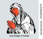 Saint Bridget of Sweden is a Catholic saint, writer, mystic, founder of the Bridgettine order, patroness of Europe. Hand drawn vector illustration