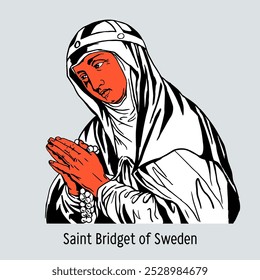 Saint Bridget of Sweden is a Catholic saint, writer, mystic, founder of the Bridgettine order, patroness of Europe. Hand drawn vector illustration