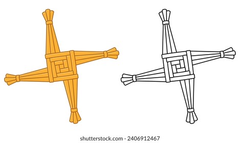 Saint Brigid's cross, Imbolc celebration tradition in Ireland. Handmade straw knot decoration. Vector illustration. Color and black and white outline drawing. svg