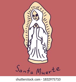 Saint catrina on white isolated backdrop. Santa muerte statuette for invitation or gift card, notebook, bath tile, scrapbook. Phone case or cloth print art. Doodle style stock vector illustration