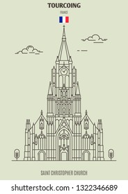 Saint Christopher church in Tourcoing, France. Landmark icon in linear style