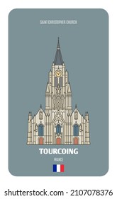 Saint Christopher church in Tourcoing, France. Architectural symbols of European cities. Colorful vector 