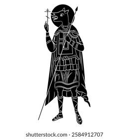 Saint Christopher. The dog-headed Christian saint. Cynocephalus warrior. Black and white silhouette.