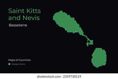 Saint Christopher and Nevis,  Basseterre. Creative vector map. Maps of Countries. Central America. Hexagon Series.