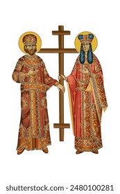 Saint Constantine and Helena. Illustration in Byzantine style isolated