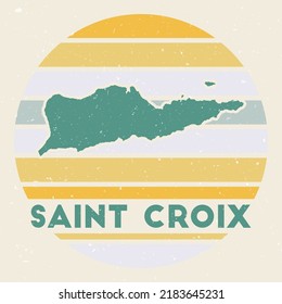 Saint Croix logo. Sign with the map of the island and colored stripes, vector illustration. Can be used as insignia, logotype, label, sticker or badge of Saint Croix.