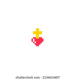 Saint cross and heart pixel art, 8 bit, 8bit. Christian cross sign hipster retro vintage design.