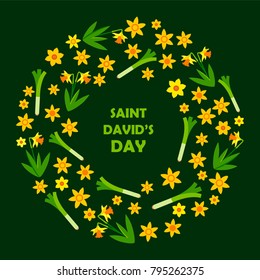 Saint David's Day card. Wreath with daffodills and leeks. Vector illustration.