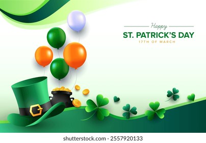 Saint Patrick’s Day abstract background with coloured balloons with clover, green hat and gold coins. Vector Illustration design template.