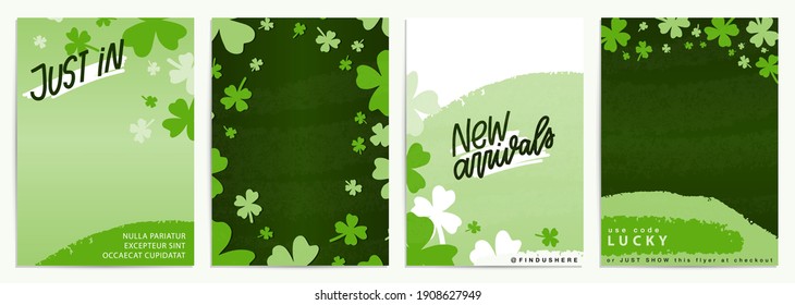 Saint Patrick’s day abstract sale flyer vector design template set. Green advertisement banner with hand drawn shamrock frame clipart and organic shapes. Vertical 5x7 card with New arrivals, Just in. 