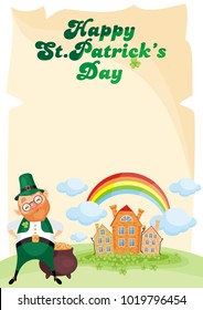 Saint Patrick’s Day background with the image of a leprechaun. Vector colorful illustration in cartoon style.