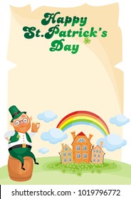 Saint Patrick’s Day background with the image of a leprechaun. Vector colorful illustration in cartoon style.