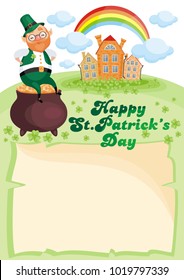Saint Patrick’s Day background with the image of a leprechaun. Vector colorful illustration in cartoon style.