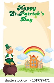 Saint Patrick’s Day background with the image of a leprechaun. Vector colorful illustration in cartoon style.