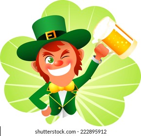Saint patrickÃ?Â´s Day cartoon elf cheering with beers