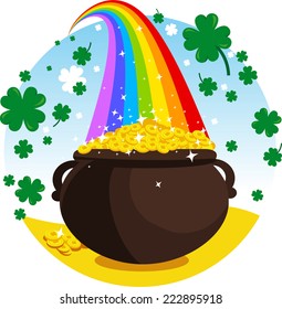 Saint patrick´s Day cartoon elf gold coin pot rainbow illustration