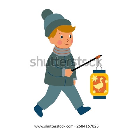 Saint Martin’s Day celebration. Boy walking with lantern at night, wearing warm clothes, flat cartoon style