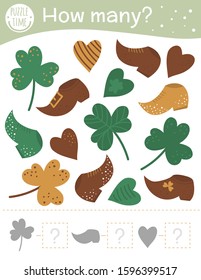 Saint Patrick’s Day counting game with holiday symbols. Spring math activity for preschool children. How many objects worksheet. Educational riddle with cute funny pictures