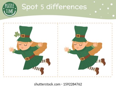 Saint Patrick’s Day find differences game for children. Spring holiday festive preschool activity with green fairy. Puzzle with cute funny smiling characters