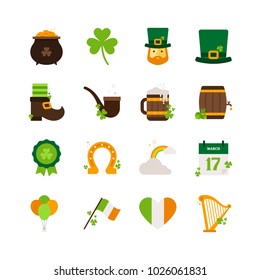 Saint Patrick’s Day - Flat Icon Set - Pot of Gold, Clover Leaves, Leprechaun, Hat, Boots, Smoking Pipe, Beer, Barrel, Badge, Horseshoe, Rainbow, Calendar, Balloons, Flag, Heart and Harp