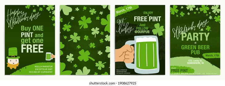 Saint Patrick’s day free pint special offer. Beer party concept. Flyer set template for pub, restaurant promo campaign, advertisement or social media materials. Shamrock and leprechaun vector clipart.