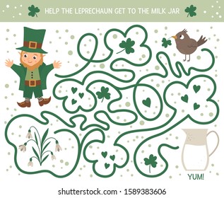 Saint Patrick’s Day maze for children. Preschool Irish holiday activity. Spring puzzle game with cute elf, bird, flower. Help the leprechaun get to the milk jar