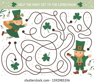 Saint Patrick’s Day maze for children. Preschool Irish holiday activity. Spring puzzle game with cute elf and fairy. Help the fairy get to the leprechaun