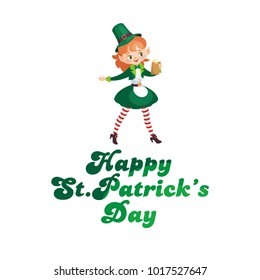 Saint Patrick’s Day poster with the image of a leprechaun girl. Vector illustration isolated on the white background.