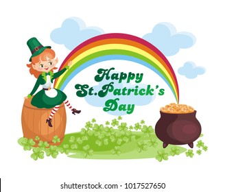 Saint Patrick’s Day poster with the image of a leprechaun girl. Vector illustration isolated on the white background.