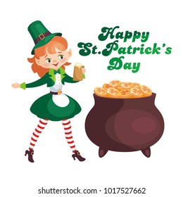 Saint Patrick’s Day poster with the image of a leprechaun girl. Vector illustration isolated on the white background.