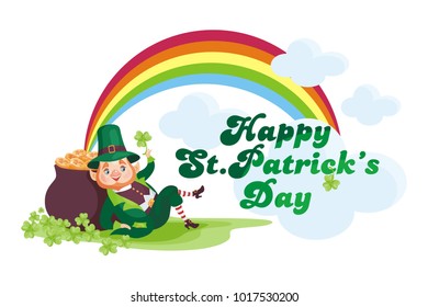 Saint Patrick’s Day poster with the image of a leprechaun. Vector illustration isolated on the white background.