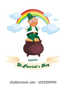 Saint Patrick’s Day poster with the image of a leprechaun. Vector colorful illustration in cartoon style.