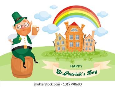 Saint Patrick’s Day poster with the image of a leprechaun. Vector colorful illustration in cartoon style.
