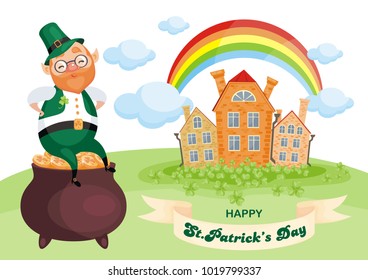 Saint Patrick’s Day poster with the image of a leprechaun. Vector colorful illustration in cartoon style.