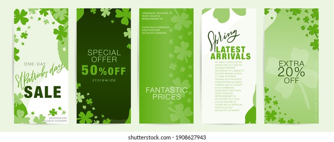 Saint Patrick’s day sale flyer set with shamrock frames and green abstract shapes.  Spring special offer concept, latest arrivals business promotional materials for March 17th.