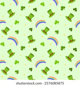 Saint Patrick’s day seamless pattern with shamrock clover leaves, rainbow and leprechaun hats