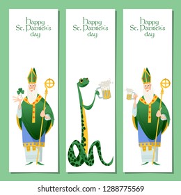 Saint Patrick’s Day. Set of 3 banners with St Patrick (Apostle of Ireland) and snake. Vector illustration