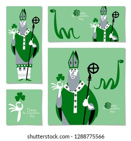 Saint Patrick’s Day. Set of 4 universal cards with St Patrick (Apostle of Ireland) and snake. Template. Vector illustration