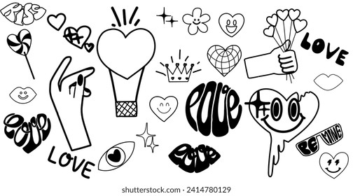 Saint Valentine’s Day set vector hand drawn vintage groovy design, hearts character, lettering, 