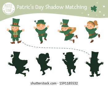 Saint Patrick’s Day shadow matching activity for children. Preschool Irish holiday puzzle. Cute spring educational riddle. Find the correct silhouette game