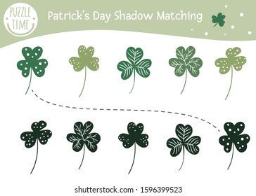 Saint Patrick’s Day shadow matching activity for children with shamrock. Preschool Irish holiday puzzle. Cute spring educational riddle. Find the correct silhouette game