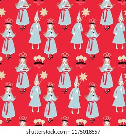 Saint Lucy’s Day. St. Lucia procession. Scandinavian Christmas tradition. Seamless background pattern. Vector illustration