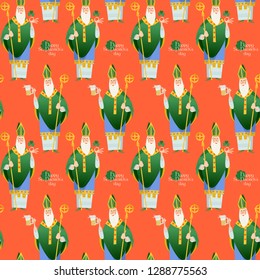 Saint Patrick’s Day. St Patrick (Apostle of Ireland), the patron saint of Ireland holding beer jugs and shamrock. Seamless background pattern. Vector illustration