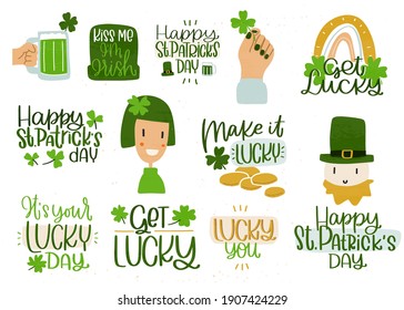 Saint Patrick’s day vector clipart set for cards or banner decoration. Green beer, cartoon characters, leprechaun, golden coins, raised hand holding four-leaf shamrock, images combined with lettering.